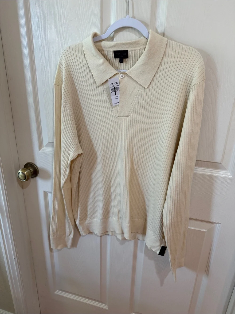 Todd Snyder Bisque Ribbed V-Neck Polo Sweater Sz L.  New/Flawed Box46